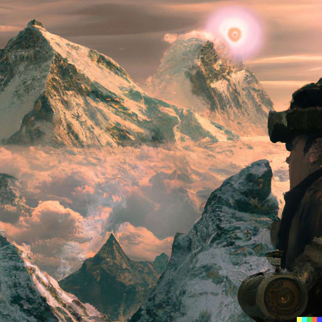 someone gazing at Mount Everest, digital art, steampunk